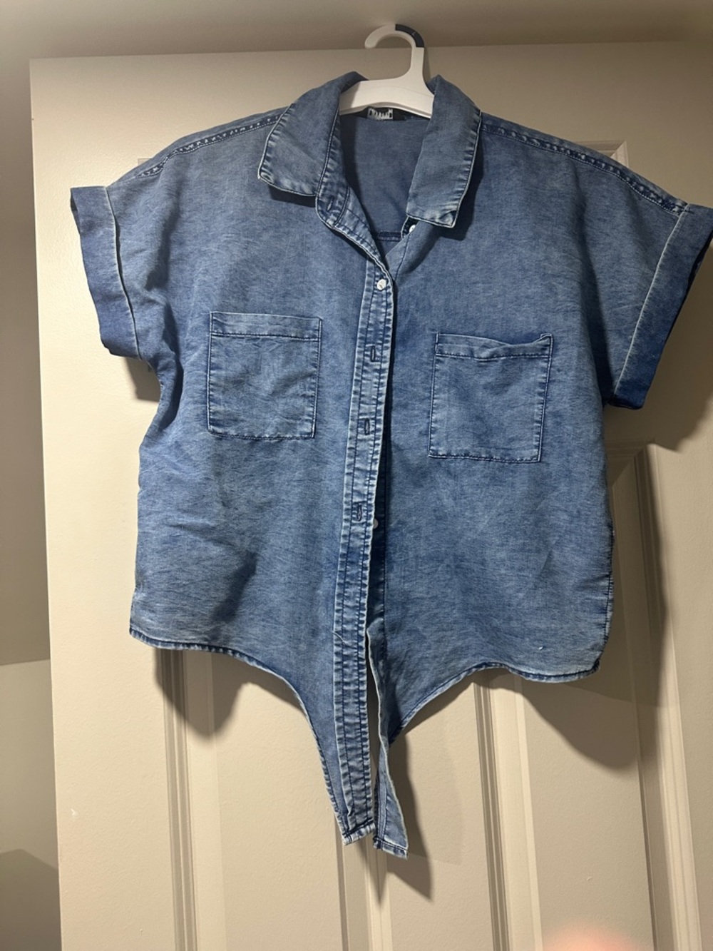 Denim Tie-Front Short Sleeve Shirt - Blue - Picture 2 of 3